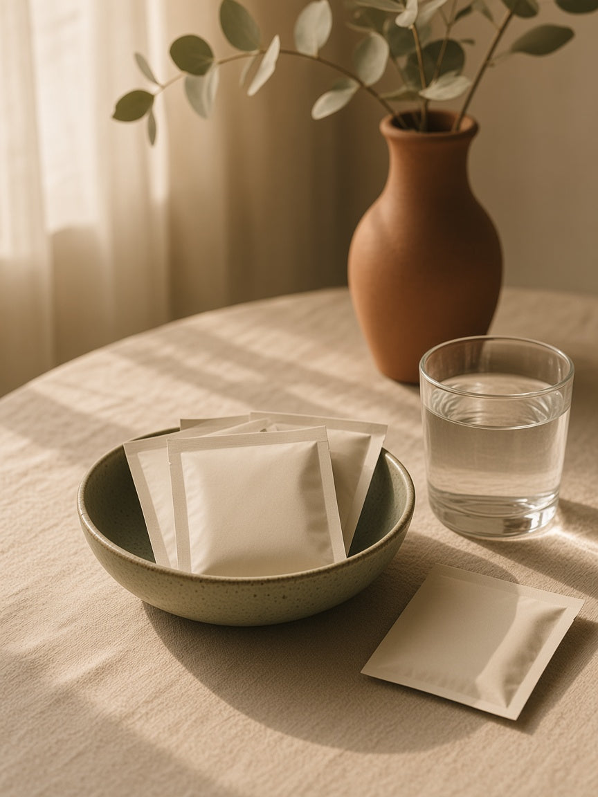 Saquetas de papel numa taça de grés verde, com um copo de água