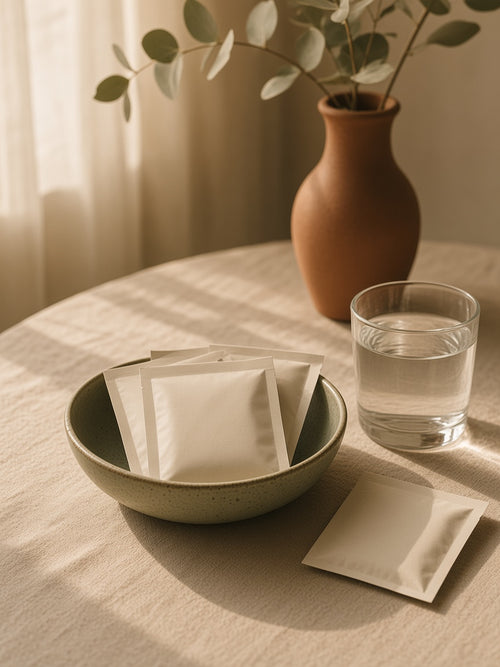 Saquetas de papel numa taça de grés verde, com um copo de água