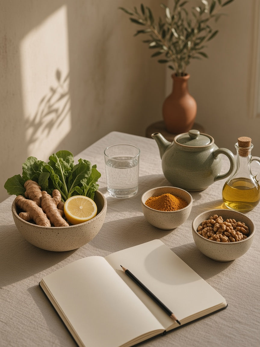 Mesa de linho com gengibre, curcuma, nozes, azeite e um caderno aberto